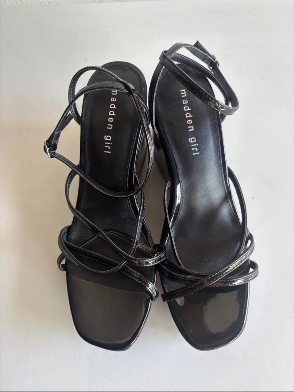 Madden Girl Mya Black Patent Wedge Sandals